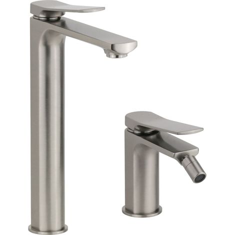 Set miscelatori lavabo alto e bidet colore acciaio spazzolato con leva inclinata e pilette clic-clac Pollini Kora KITKORANS3 (1/5)