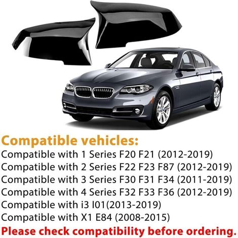 Coques de rétroviseurs extérieurs gauche et droit compatibles avec BMW Série 1 F20 F21/2' F22 F23 F87/3' F30 F31 F34/4' F32 F33 F36/i3 i01/X1 E84 - Noir brillant