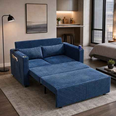 Divano letto 2 posti 195x134x73 cm in tessuto blu navy FloraGrace (1/5)