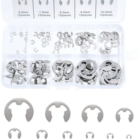 BRAVIX Anneau E-Clip en Acier Inoxydable, 120 Pcs Bague de Retenue Externe Snap Kit, M1,5-M10 Assortiment Circlip avec Boîte de Rangement, pour la Rainure de l'arbre de la Machine (1/5)