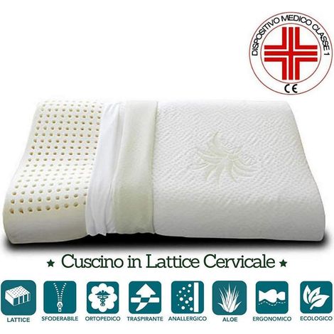 EVERGREENWEB - Coppia Cuscini Lattice 100% Cervicale con Fodera Aloe Vera e Cotone Naturale, Doppia Onda Ortocervicale, Tessuto Sfoderabile e Lavabile, Guanciali Letto Ortopedici per Tutti Materassi (1/5)