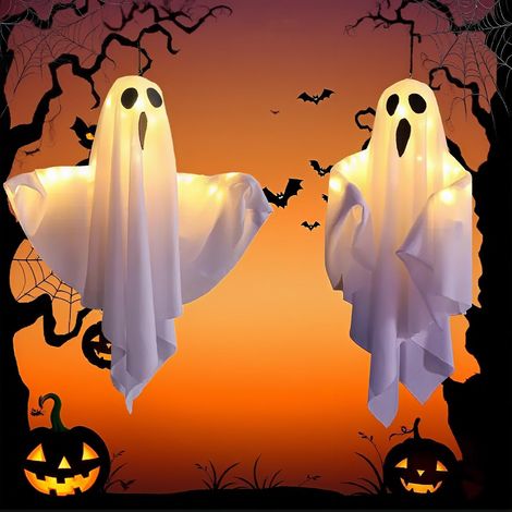 Déco Halloween intérieur extérieur, 2 fantômes LED lumineux, 50 cm, fête, suspendu, 3 modes, blanc (1/5)