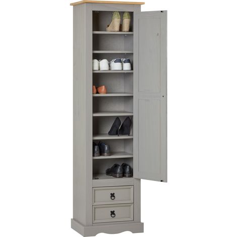 Idimex – Armoire en pin massif Tequila 1 porte battante – 7 étagères et 2 tiroirs – Dimensions 190x53x38 cm – Style mexicain gris/brun