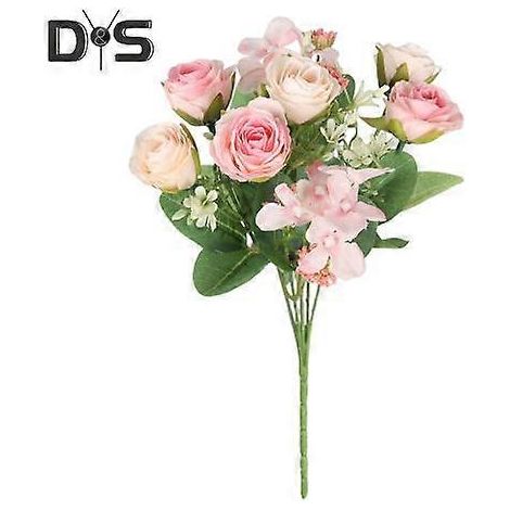 Bouquet exquis de fleurs artificielles à feuilles vertes, sans arrosage, avec roses simulées.rose (1/5)