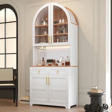 Buffet haut à 2 prises et 2 ports USB, LED par application, vitrine en arche, niche, 4 portes et 2 tiroirs, MDF et panneaux de particules - Blanc (1/5)