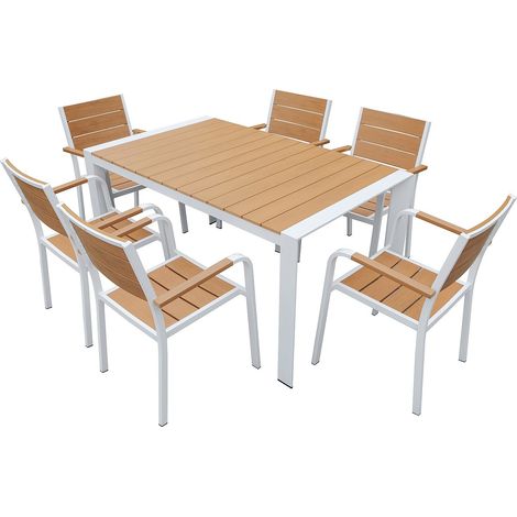 Sala da pranzo da giardino in alluminio: un tavolo L.150 cm e 6 poltrone impilabili Naturale chiaro e bianco - NYROS di MYLIA