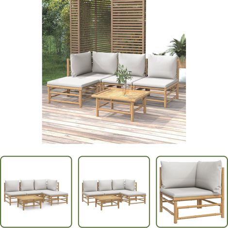 Bambusmöbel -  5-tlg. Garten-Lounge-Set mit Hellgrauen Kissen Bambus (1/5)