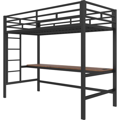 Letto a soppalco 90 x 200 cm in metallo nero con scrivania, scala, sponde, LED APP, USB e presa (1/5)