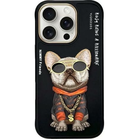 Funda negra para iPhone 16 Pro con diseño de gafas Nimmy y perro. (1/5)