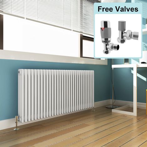 ELEGANT 600 x 1400 mm Traditional Radiator Cast Iron Style Horizontal Radiator White Triple Horizontal Column Radiators + Chrome Thermostatic Radiator Valves (1/5)