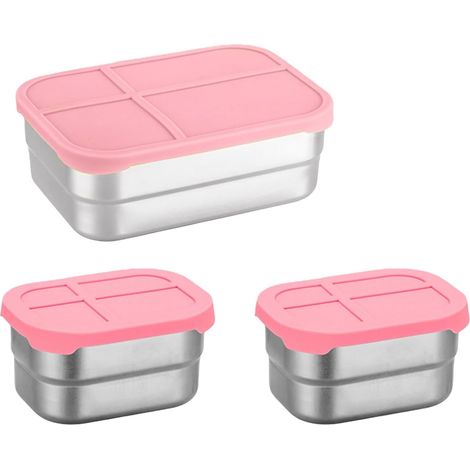 Juego de fiambreras de acero inoxidable de 3 piezas con tapa de silicona hermética, diseño a prueba de fugas, ideal para viajes, la escuela y el trabajo, aptas para microondas - rosa (1/5)