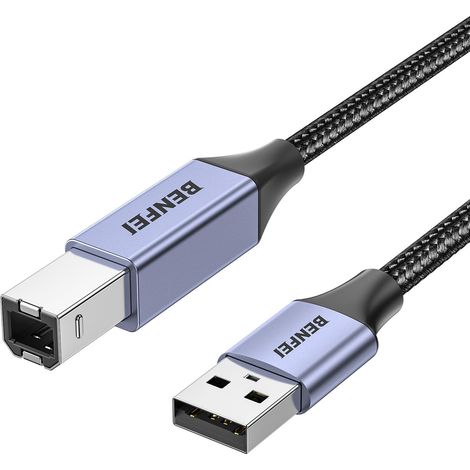 Câble d'imprimante USB, 2 mètres de câble USB A à USB B pour HP, Canon, Brother, Dell, Epson, Lexmark, Xerox, Gris