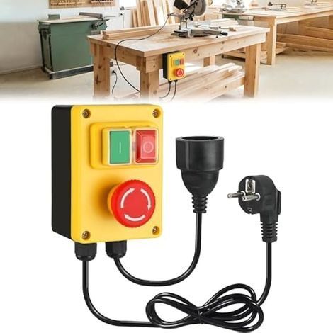 Interrupteur marche/arrêt monophasé 230 V : interrupteur de sécurité avec prise pour machines à travailler le bois Déclencheur de tension zéro arrêt d'atelier pour les utilisateurs DIY