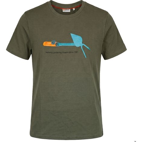 Gardena Herren T-Shirt Print Unkrauthacke Motiv Rundhals Kurzarm Olivgrün Gr. L