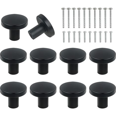 Juego de 10 pomos negros para muebles con 20 tornillos de montaje redondos de un solo orificio (20 x 25 mm) para armarios, cómodas y alacenas modernas. (1/4)
