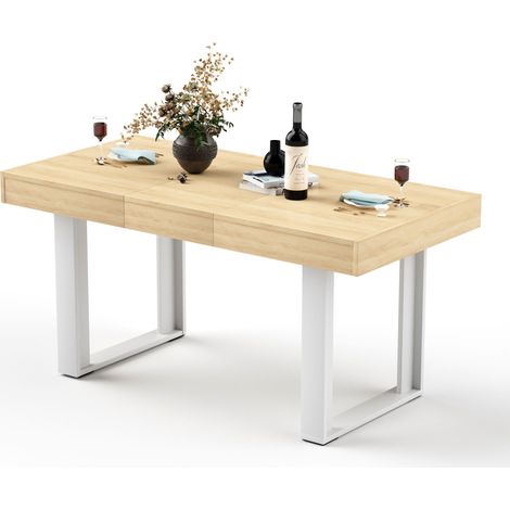 Table à manger extensible rétro 120-160 cm, table de cuisine en bois style médiéval moderne pour 8 personnes, finition bois naturel + blanc (1/5)