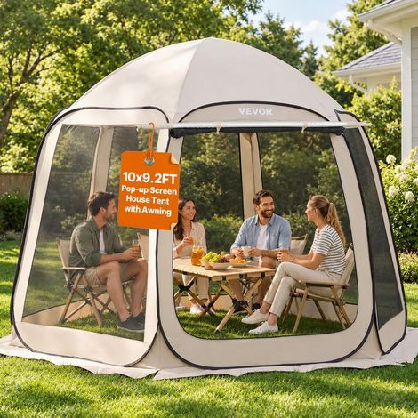 Auvent beige 6 côtés pour un espace protégé, abri moustiquaire portable 4-8 personnes pour terrasse et jardin (1/5)