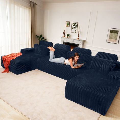 Canapé d'angle réversible avec méridienne, canapé modulairee dossier haute, canapé-lit à assise profonde sans assemblage bleu