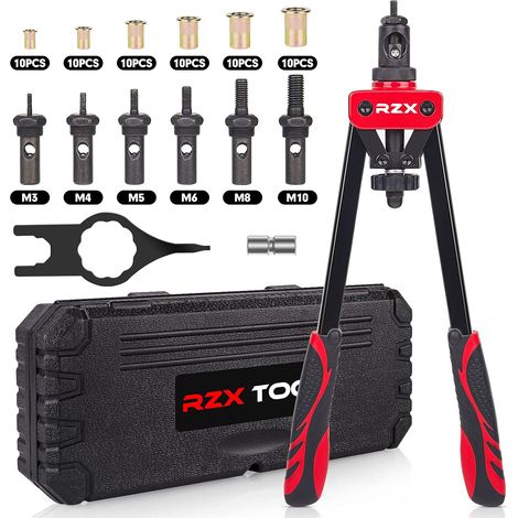 14" Rivet Tool Kit with M3 M4 M5 M6 M8 M10 Metric 6 Mandrels and 60 Nuts, Effort Limit Design, with Heavy Duty Carrying Case (1/5)