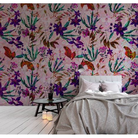 Papier peint panoramique à motif floral tropical | Tapisserie panoramique rouge, violette et rose | Papier peint panoramique pour chambre - 270 x 400 cm (4 pièces) (1/5)