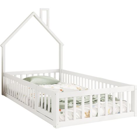 Lit cabane 90x200 maison blanc pin cheminée sans matelas (1/5)