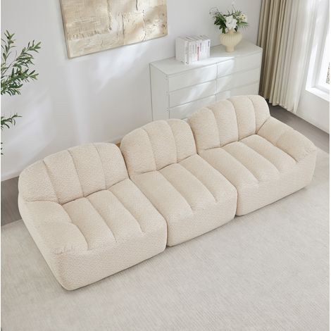 Canapé modular de tejido polar granulado beige blanco, diseño sin estructura con otomana y configuración flexible (1/5)