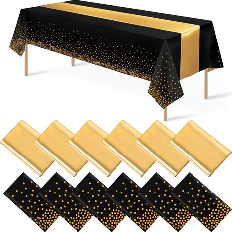 Nappe Jetable En Plastique - Nappe Rectangulaire 137 X 274 Cm Et Chemin De Table En Satin 30 X 274 Cm - Noir Et Or - Lot De 12 Pièces (1/5)