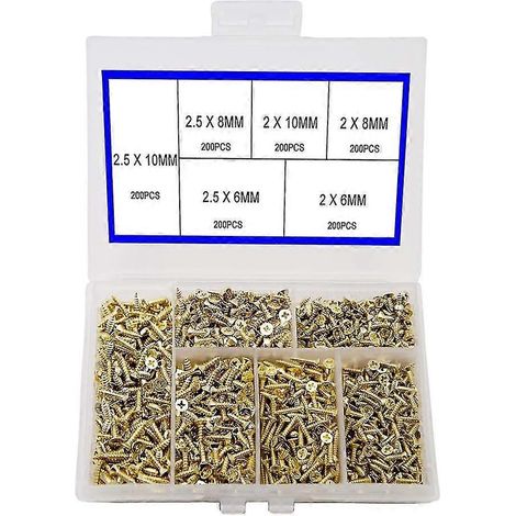 Vis à tête plate cruciforme autotaraudeuse, petite vis autotaraudeuse pour charnières de porte d'armoire, vis multifonctions, accessoires électroniques, kit de 1200 micro-vis dorées (1/5)