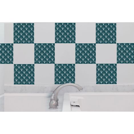 Sticker carrelage adhésif 10x10 cm, x9, formes éclailles japonaises, ton bleu canard, déco crédence autocollant, décoration murale intérieure. (1/3)
