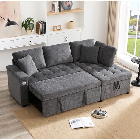 Sofá cama esquinero en L, extensible, con almacenamiento y USB, gris oscuro HAVRYA (1/5)