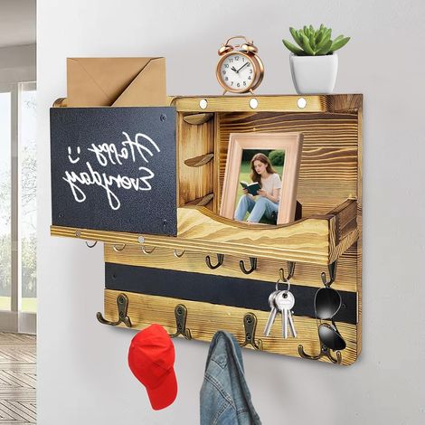 Wooden Wall Key Ring with Storage Compartment, 8 Hooks and 4 Double Hooks, with Notice Board, Suitable for Keys, Hats, Clothes, Bags (37 x 28.5 cm) (1/5)