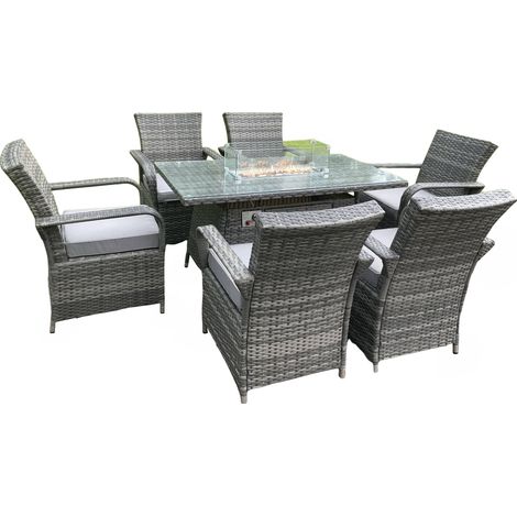Fimous Rattan Gartenmöbel Gas Feuer Grube Rechteck Esstisch Gas Heizung und Esszimmer Stühle 6 Sitz (1/5)