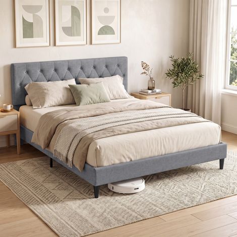 Cama de matrimonio, acolchado, cabecero, gris, 150 × 195 × 107 cm, lino, esponja, 26 kg (1/5)