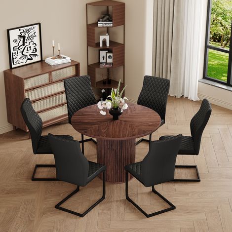 Ensemble table ronde 100 cm en MDF noyer + 6 chaises noires motif losange, dossier haut, pieds cylindriques, fixation Velcro – salle à manger (1/4)