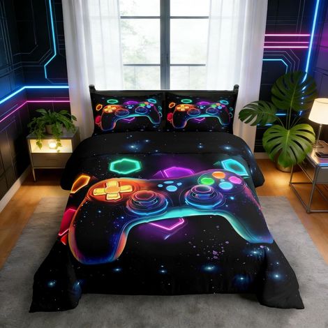 Gamer Bettwäsche 200x200 cm mit Controller-Motiv, 3D-Druck, 100% Mikrofaser