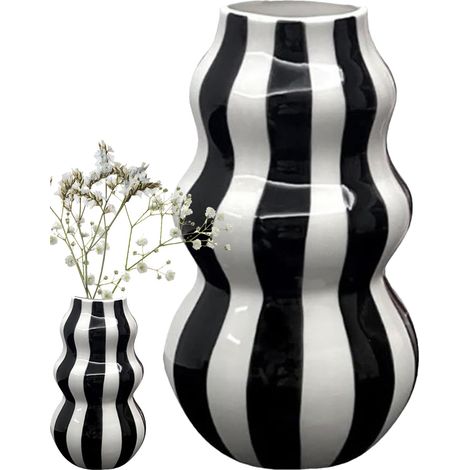 Vase en céramique à rayures – Récipient à fleurs esthétique, artisanat décoratif pour appartement, salle de bain, cuisine, intérieur, centre de table pour décoration d'intérieur, vase moderne et (1/5)