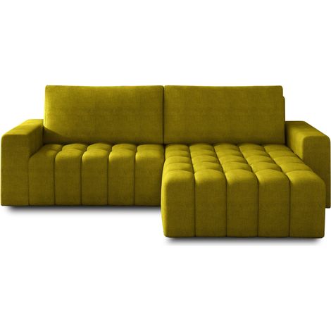 Canapé d’angle velours capitonné BOZEN – Convertible et rangement-Jaune moutarde-angle droit (1/5)