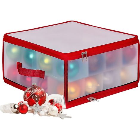 Relaxdays Weihnachtskugel Aufbewahrungsbox, 32 Kugeln, HxBxT: 18x36x36 cm, Kunststoff, Pappe, Kugelbox, transparent/rot