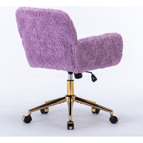 Fauteuil de bureau violet moelleux en fausse fourrure de lapin, hauteur réglable, pivotant à 360°, avec accoudoirs, base roulante en métal doré, chaise de maquillage confortable pour chambre et étude, (1/5)