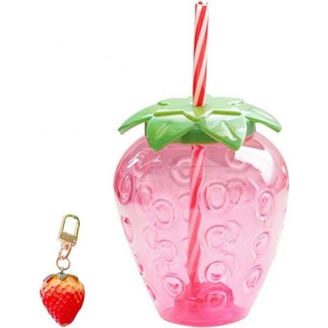 Bicchiere con cannuccia, bicchiere da festa con motivo fragola, design fragola, 500 ml, rosso (1/5)