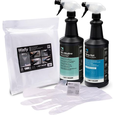 ERRECOM Kit Pulizia climatizzatori, Include Clima-Net 1L detergente Pulizia unità Interna e filtri, Cover Protettiva Wally, Bio Alkaline 1L detergente alcalino bio Pulizia unità Esterna, Guanti (1/5)