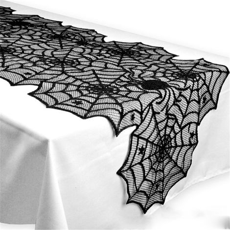 Nappe De Table - Dentelle Noire En Forme De Toile D Araignée - Pour Décoration Halloween Et Fêtes Thématiques - 180 Cm × 30 Cm - 1 Pièce (1/5)