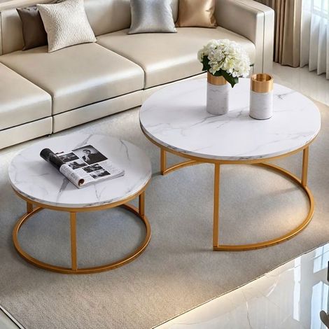 Set aus 2 runden Beistelltischen, skandinavischer Stil, Couchtisch, 80x45 cm, marmorierte Holzplatte, Metallbeine
