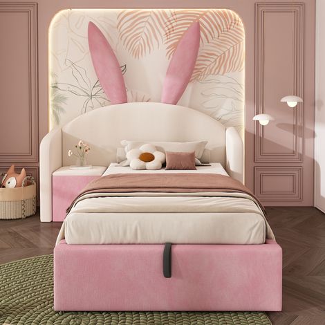 Lit enfant 90x190 cm velours beige rose avec rangement (1/5)