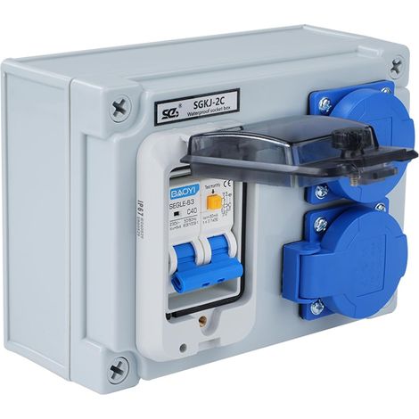 Répartiteur de courant de construction 16A Distributeur de courant fort Distributeur mural avec interrupteur 32A 1P+N Répartiteur de courant 16A avec 2 prises (250V 2 pôles) IP54 étanche. (1/5)
