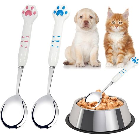 Cucchiaio per cibo per animali, cucchiaio in acciaio inox per cani per dare cibo umido agli animali domestici (rosa, blu) con contenitori a forma di zampa di gatto. (1/5)
