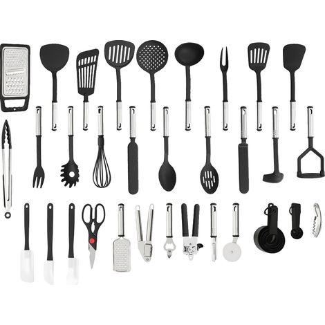 Juego de 40 utensilios de cocina resistentes al calor, colección completa de herramientas, color negro. (1/2)