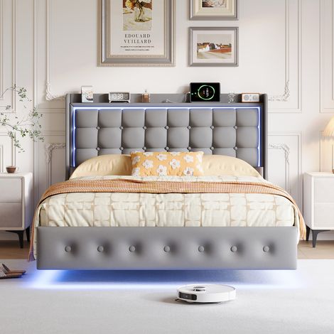 JOOKGBD–Schwebebett gepolstert 140x200 cm,Doppelbett,Jugendbett,LED-Beleuchtung,USB-Anschlüsse,Staufach-Kopfteil,Bettkasten,Lattenrost aus Holz,Samt,Dunkelgrau