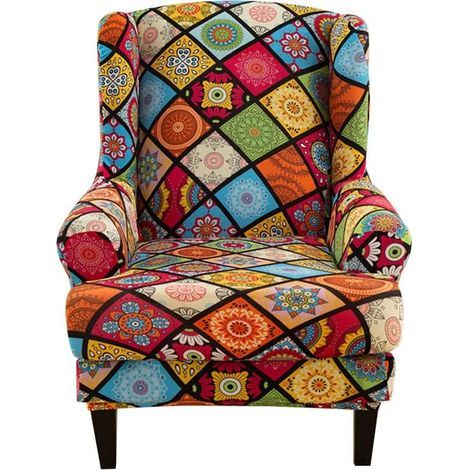 Stretch Wingback Chair Cover Armchair Slipcover with T-Cushion Cover, Printed Non-Slip Armchair Cover, for Living Room, Hotel