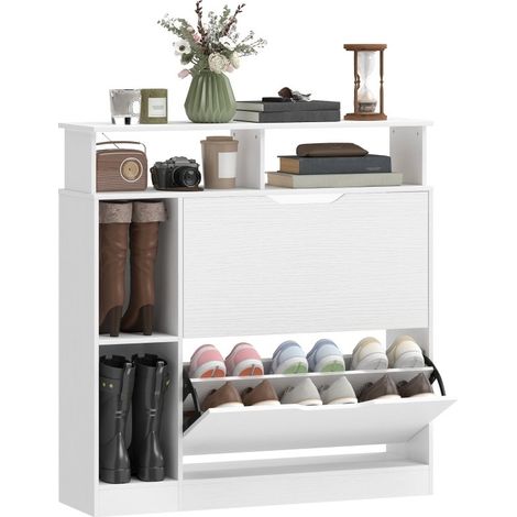 Scarpiera bianca a 2 ante con divisori modulabili e ripiano aperto, capacità per 12 paia di scarpe, dimensioni 89 × 25 × 92 cm